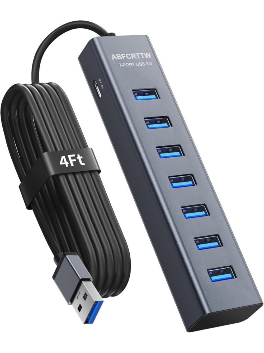 4Ft 7-Port USB 3.0 Hub - Aluminum Multiport Adapter, 5Gbps USB Splitter for PC